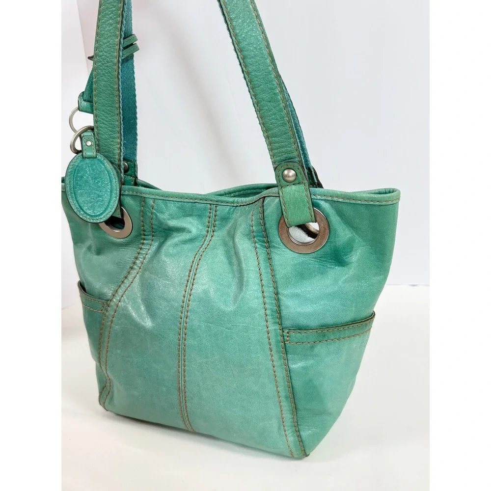 Fossil Teal Hathaway Leather Shoulder Bag Tote Key Charm ZB9385